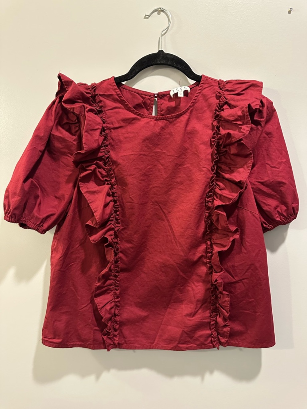 TCEC Puff Sleeve Ruffle Detail Blouse Size M Wine / Burgundy